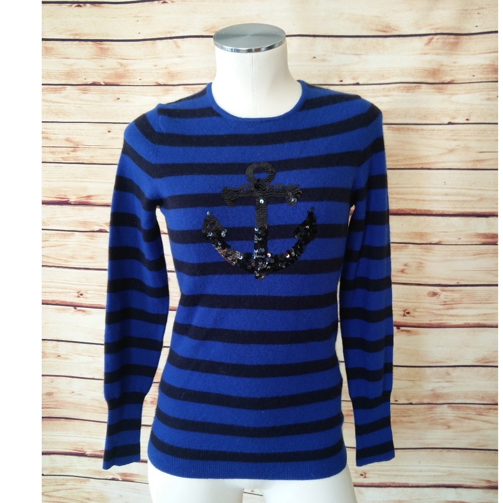 Black/Blue Nautical Striped Cashmere Sweater Sequin Anchor